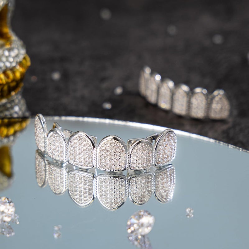 Txdvbls Store Grillz - Gold & Silver 6/8 Teeth Top & Bottom Grillz Set for Men and Women, 14K Gold Plated Teeth Caps for Halloween Costume Accessories - Image 2